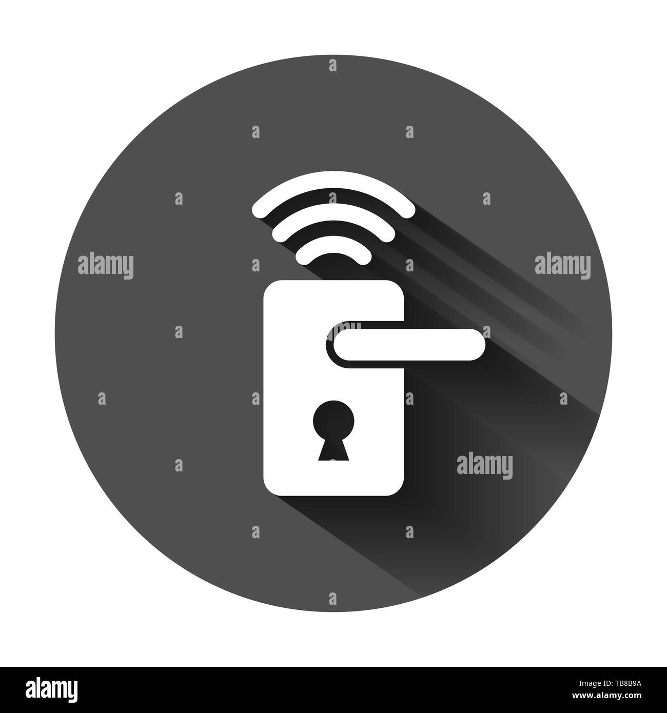 Accesso wireless a serratura della porta segno icona in stile appartamento. Smart home illustrazione vettoriale sul tondo nero lo sfondo con lunga ombra. Sistema remoto concetto aziendale. Illustrazione Vettoriale