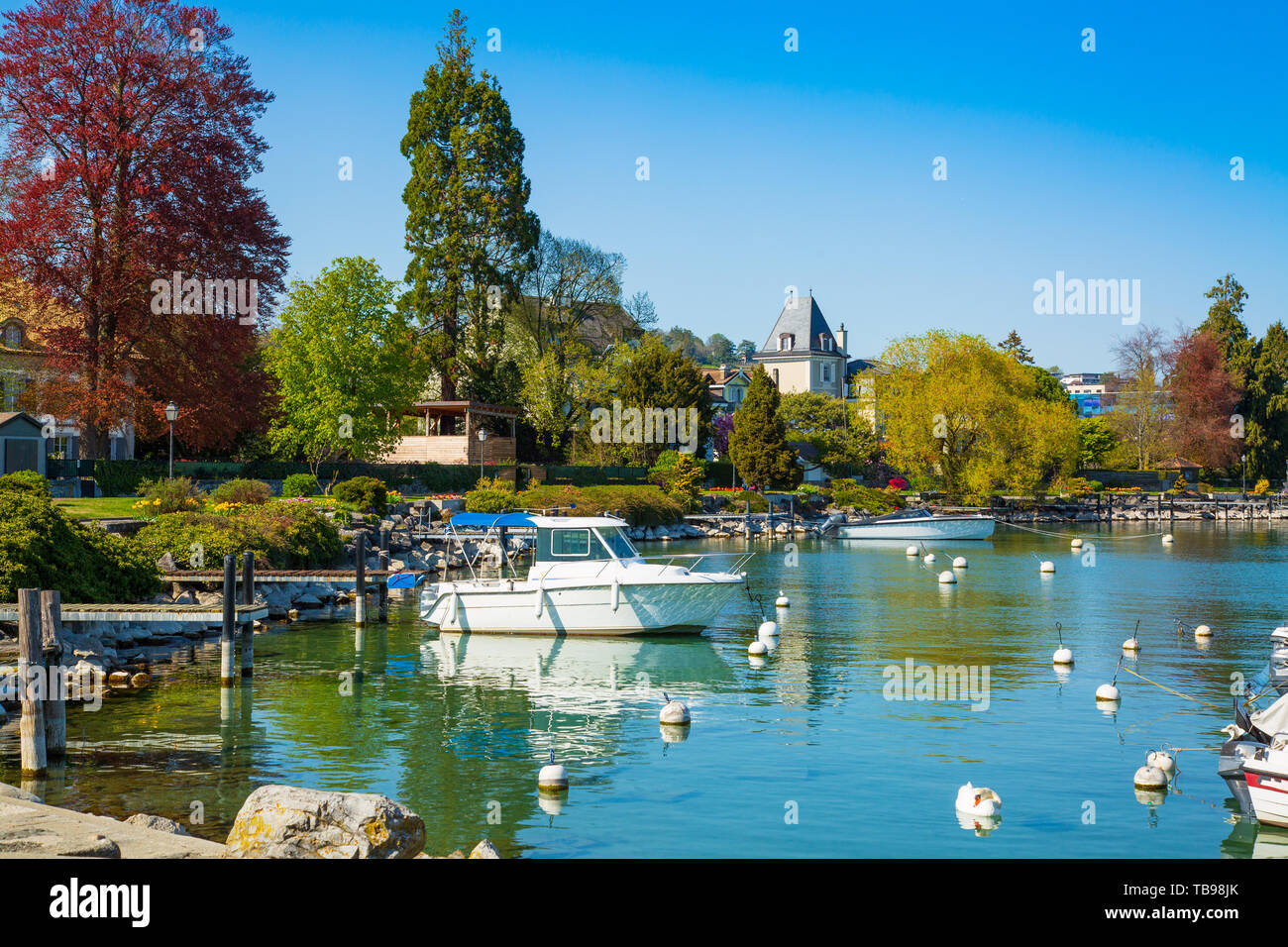 Piccolo porto sul Lago di Ginevra in città di Losanna Foto Stock