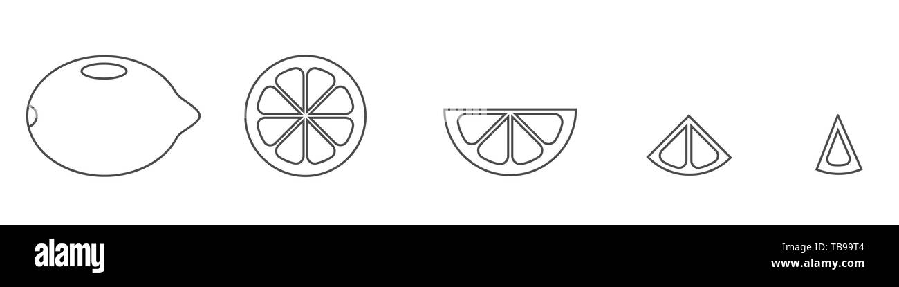Limone. Delineare una linea sottile, tagliare il limone con fette isolate su sfondo bianco illustrazione vettoriale Illustrazione Vettoriale