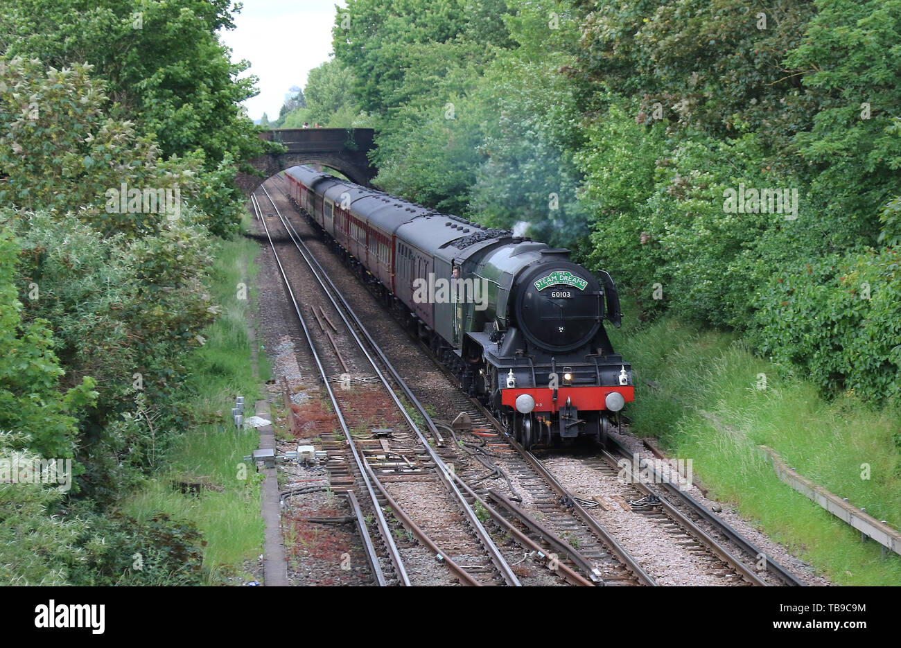 Flying Scotsman LNER Pacific Classe Lococmotive vapore, Hounslow stazione ferroviaria, LONDRA, REGNO UNITO, 30 maggio 2019, Foto di Richard Goldschmidt Foto Stock