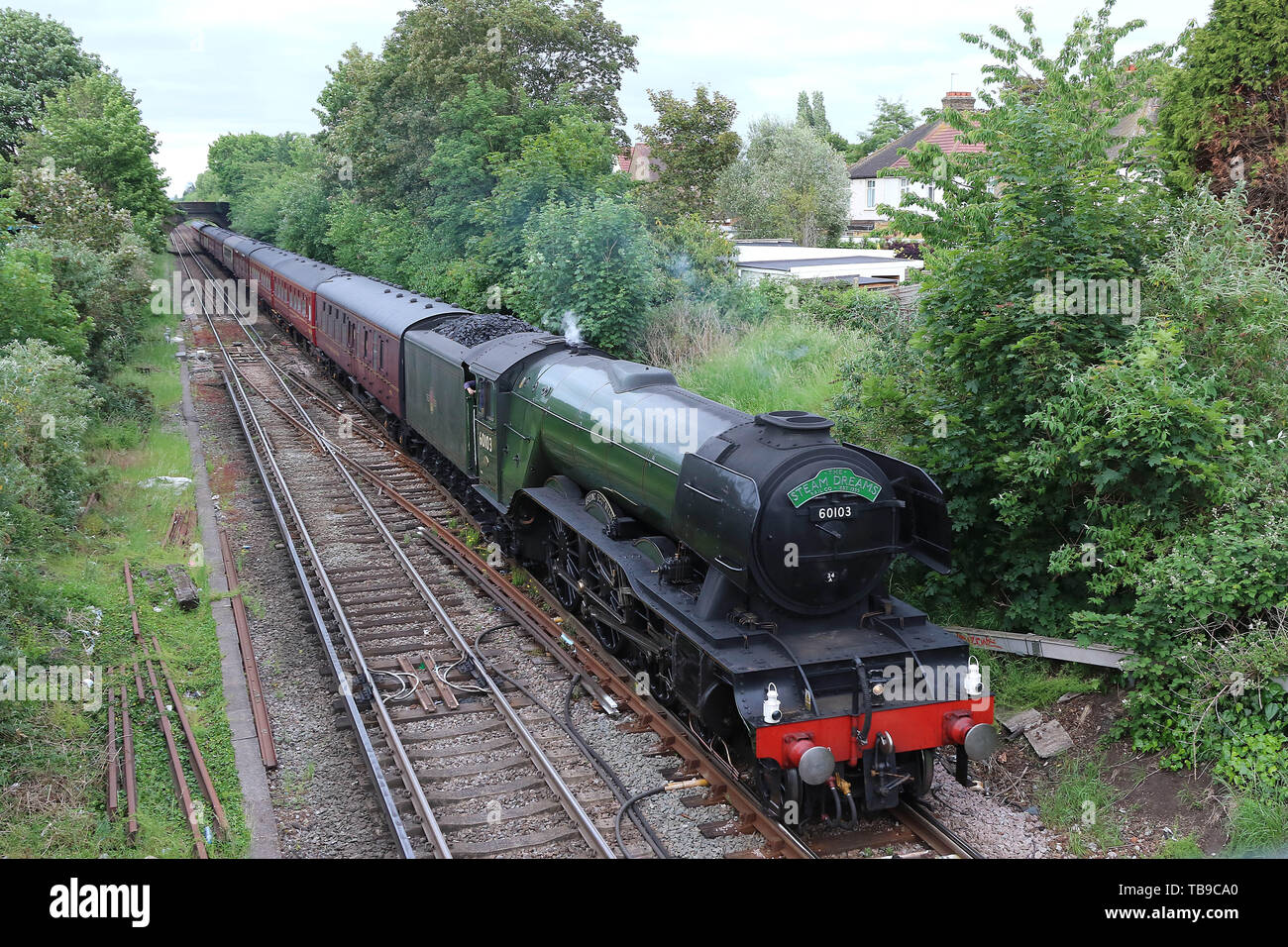 Flying Scotsman LNER Pacific Classe Lococmotive vapore, Hounslow stazione ferroviaria, LONDRA, REGNO UNITO, 30 maggio 2019, Foto di Richard Goldschmidt Foto Stock