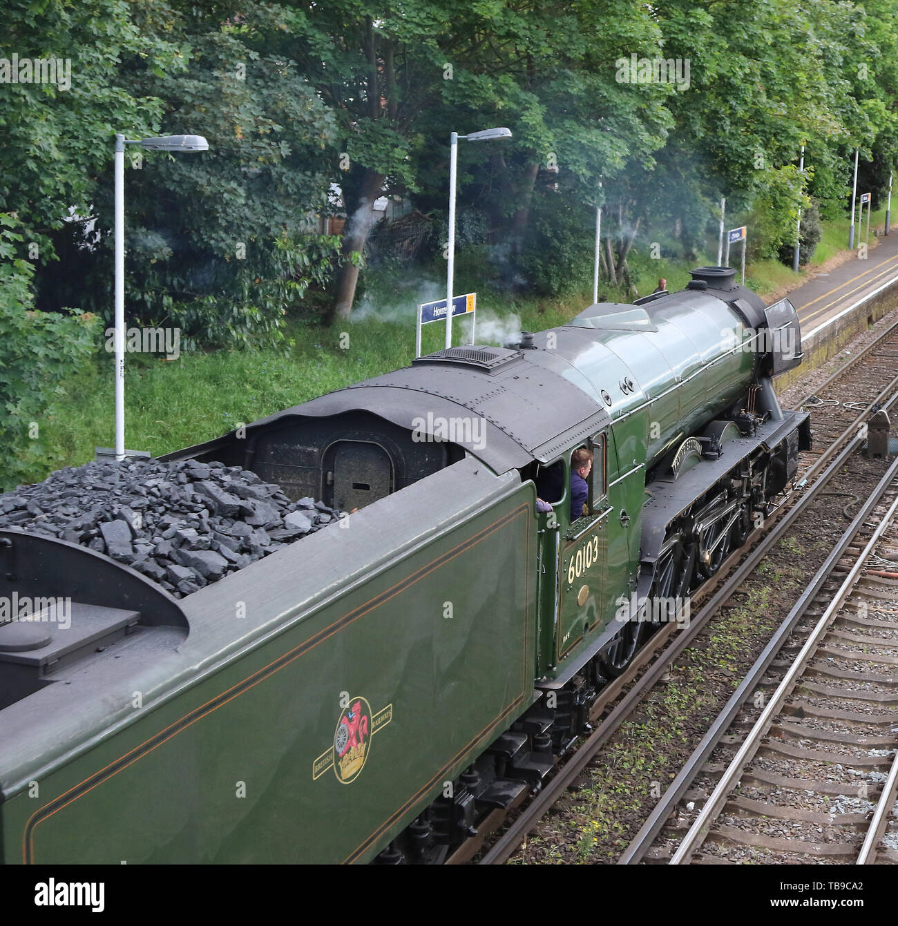 Flying Scotsman LNER Pacific Classe Lococmotive vapore, Hounslow stazione ferroviaria, LONDRA, REGNO UNITO, 30 maggio 2019, Foto di Richard Goldschmidt Foto Stock
