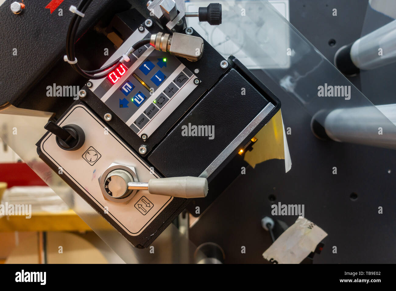 Etichetta industriale attrezzature di stampa Closeup dettaglio Foto Stock