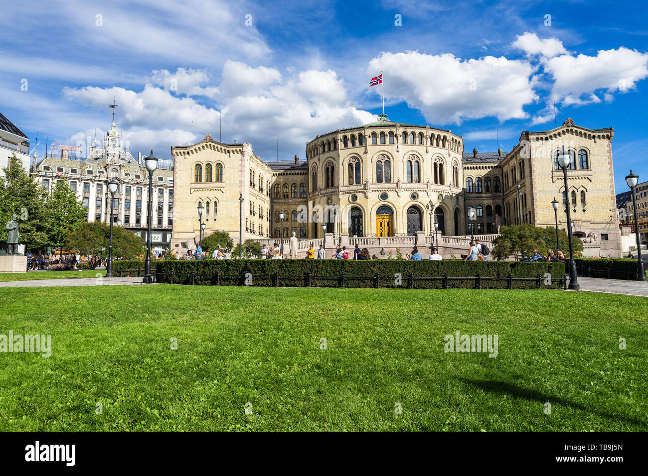 Il Stortinget edificio, sede del parlamento della Norvegia. Oslo, Norvegia, Agosto 2018 Foto Stock