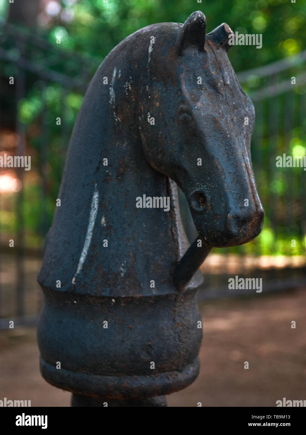 Un vecchio cavallo di ferro dei supporti del sollevatore sul marciapiede davanti di Franklin Square, e il agosto 16, 2010, in Columbus, Mississippi. Foto Stock