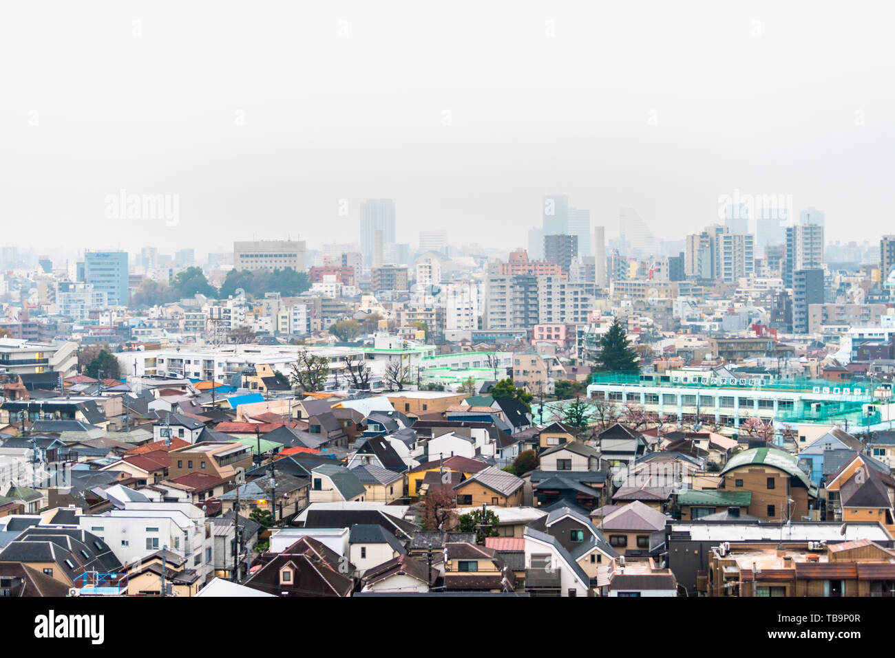 Tokyo, Giappone - 30 Marzo 2019: Shinjuku cityscape vista aerea edifici su nuvoloso nebbia grigio nebbia nuvoloso giorno con molte case di tetti Foto Stock