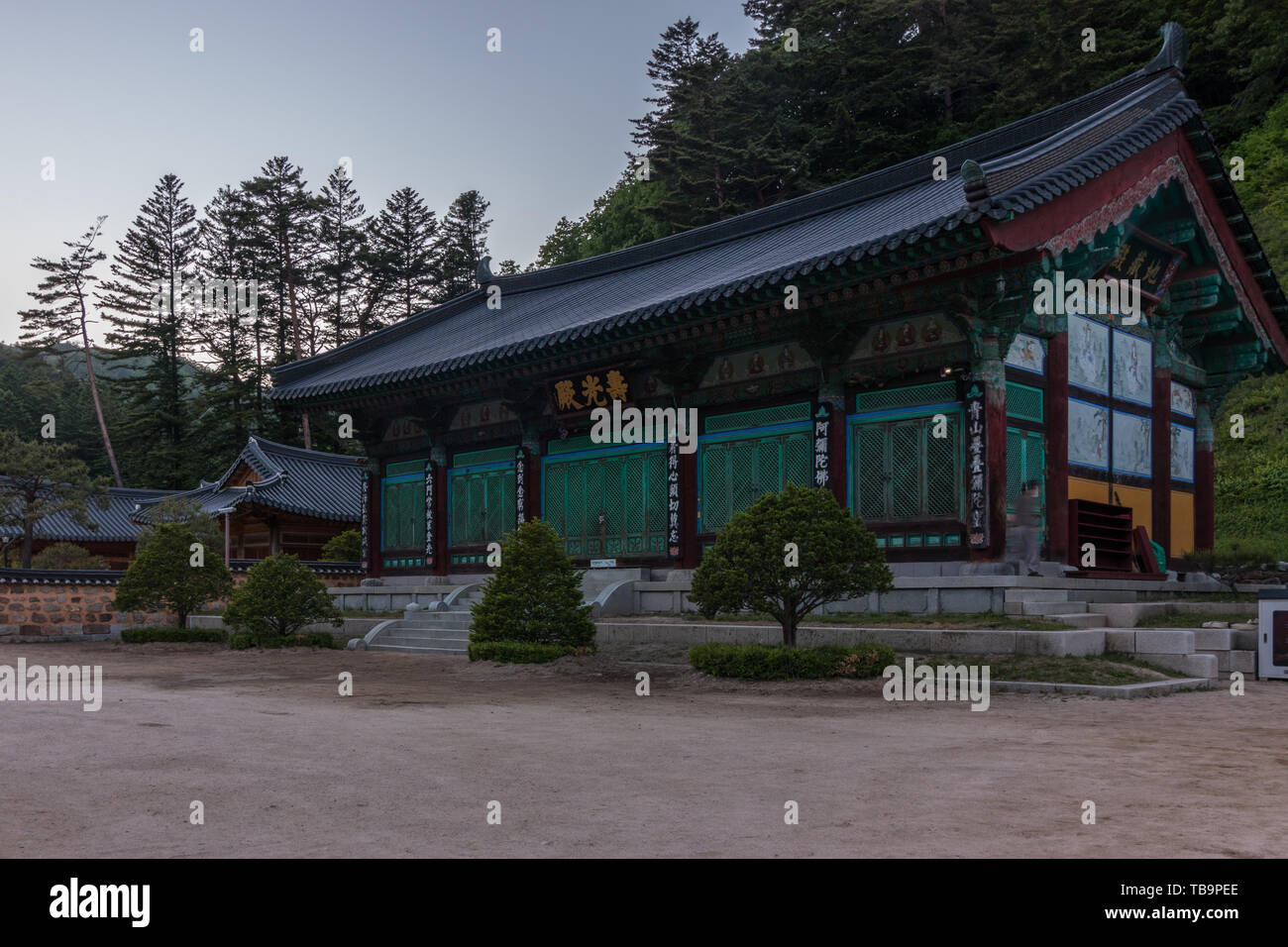 Edifici all'interno coreano tempio Buddista Woljeongsa complessi. Pyeongchang County, Gangwon Provincia, Corea del Sud, Asia. Foto Stock