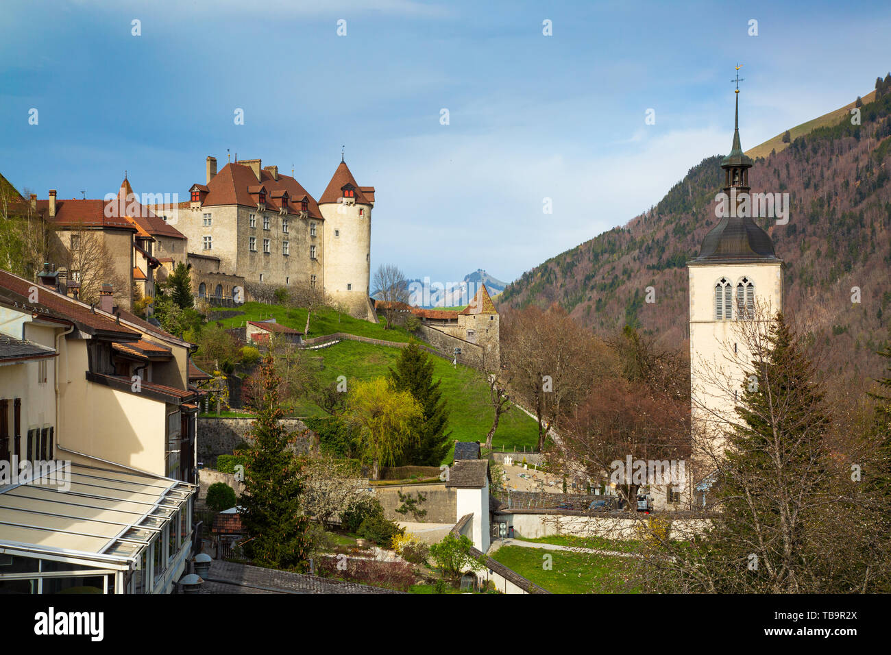 La città medievale di Gruyeres e Castello, cantone di Fribourg, Svizzera Foto Stock