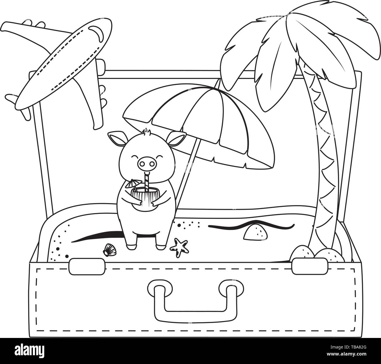 Vacanze estive rilassatevi tempo carino poco felice di maiale animale all'interno della valigetta da viaggio con spiaggia di scena e pavimento in sabbia con spiaggia di Palma e ombrellone con aereo cartoon illustrazione vettoriale graphic design. Illustrazione Vettoriale