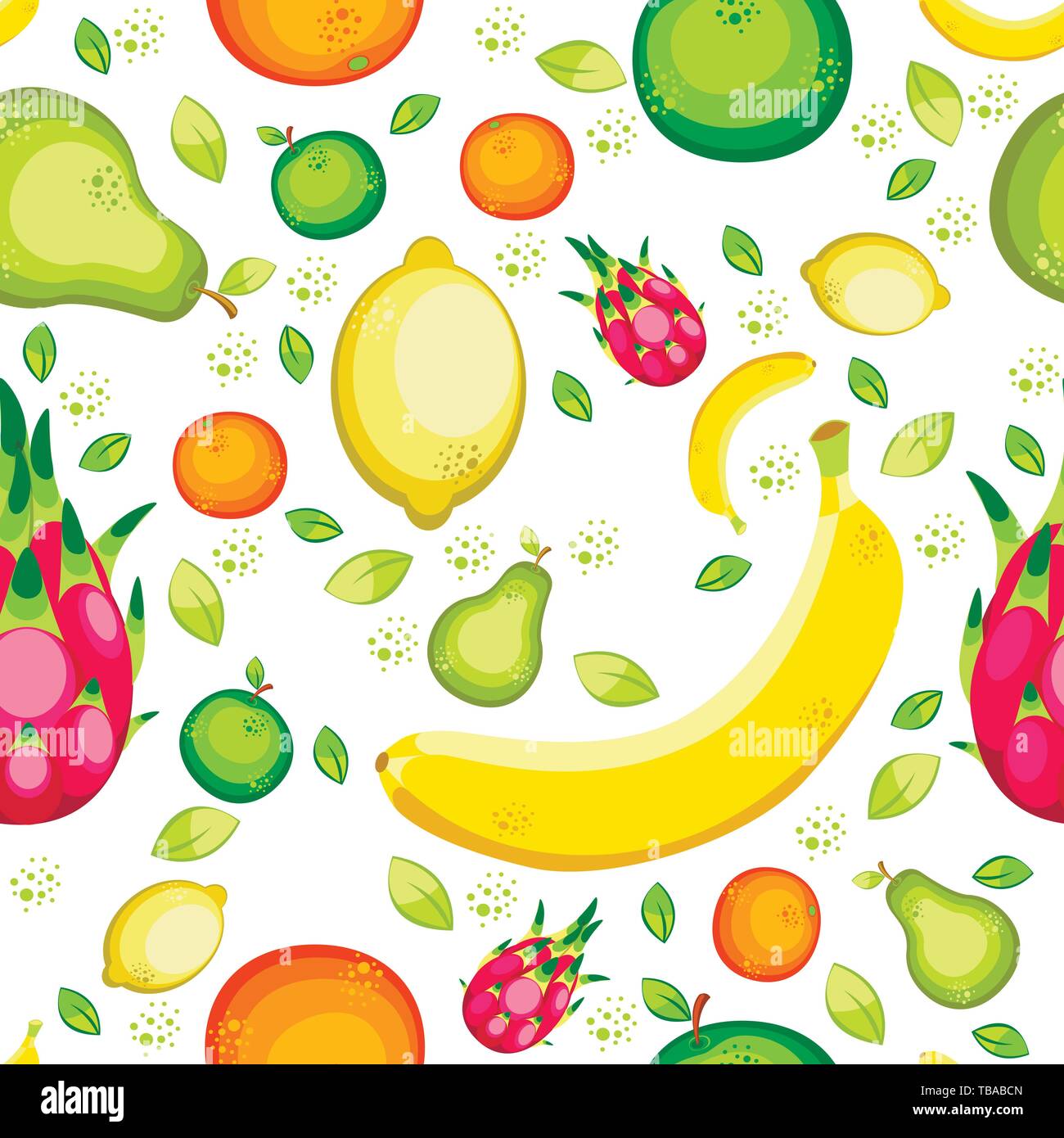 Frutti. Modello senza giunture. Banana, limone, arancio, mela, pera, pitahaya. In stile appartamento. Per negozio di frutta, cibo, cafe, per bambini Illustrazione Vettoriale