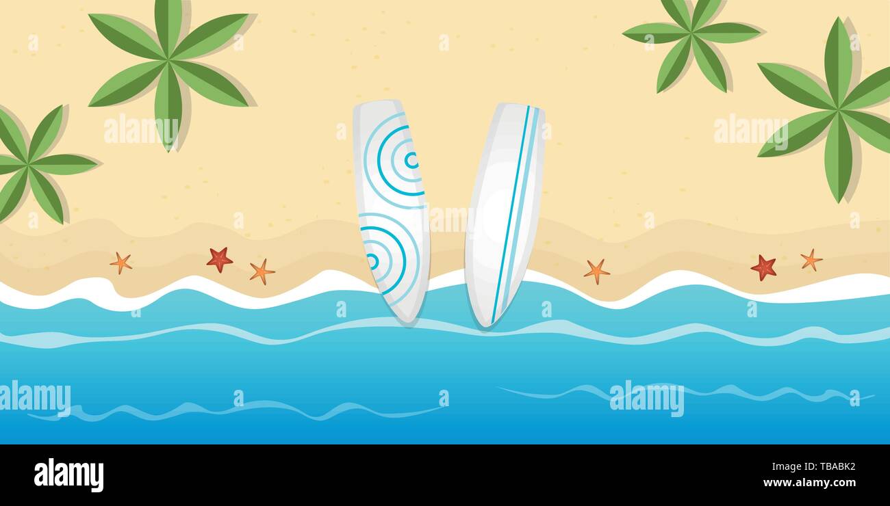Due tavole da surf in spiaggia con le palme e la stella di mare vacanze estate sfondo illustrazione vettoriale EPS10 Illustrazione Vettoriale