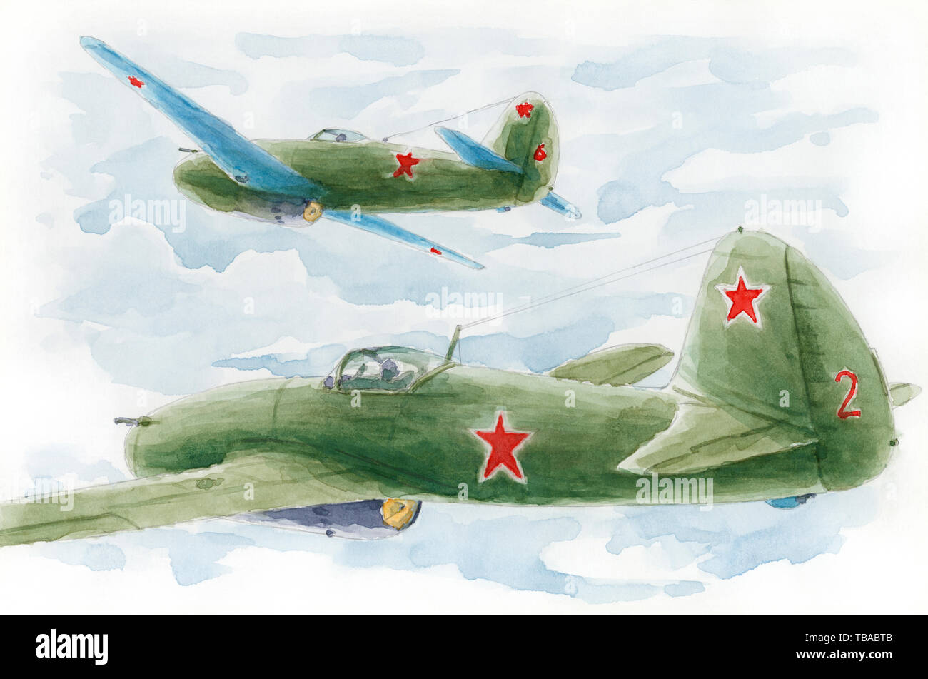 Coppia di una prima generazione di getto sovietica fighters Yakovlev Yak-15 in volo. Schizzo allentati. Acquerello su carta. Foto Stock