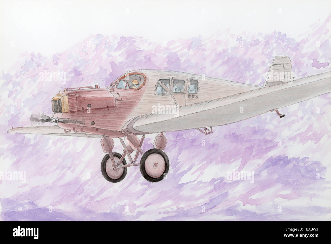 Disegno di un primo metallo aeromobili passeggeri Junkers F-13 in volo. Matita e acquarello su carta. Foto Stock