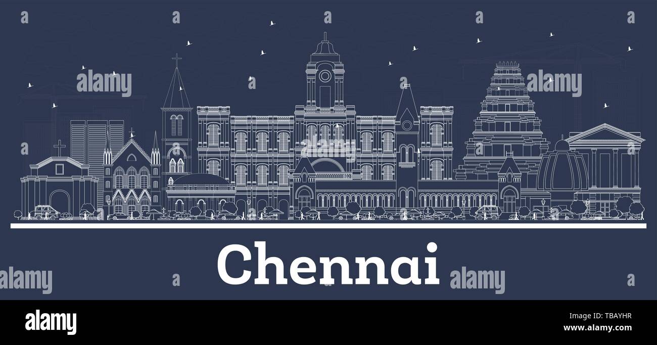 Delineare Chennai India skyline della città con edifici bianchi. Illustrazione Vettoriale. Viaggi di affari e di turismo con il concetto di architettura storica. Chennai. Illustrazione Vettoriale