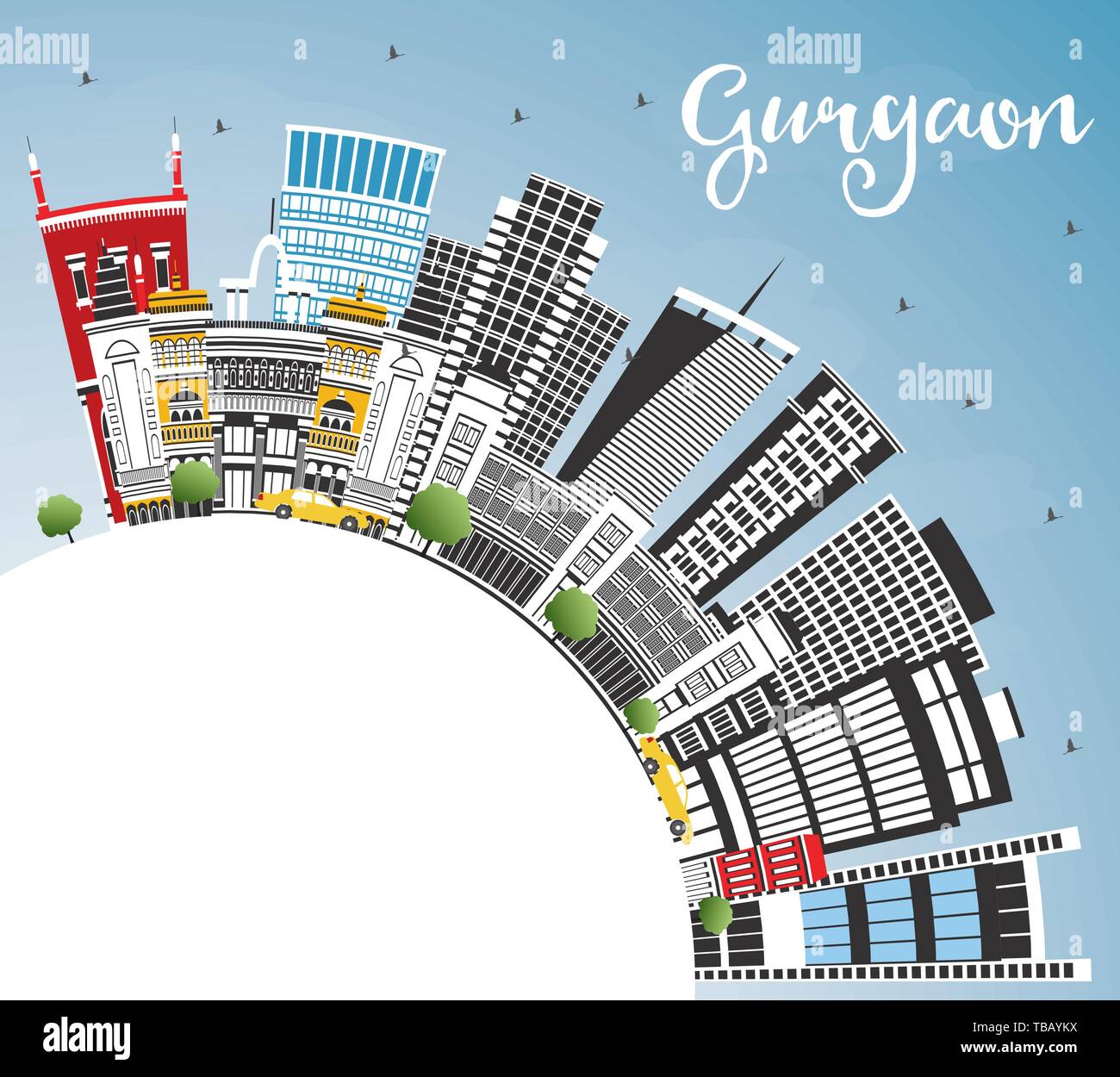 Gurgaon India skyline della città con edifici grigi, Blu Cielo e spazio di copia. Illustrazione Vettoriale. Viaggi di affari e turismo Concept. Illustrazione Vettoriale