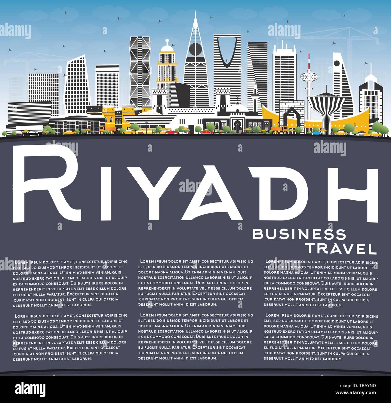Riyadh Saudi Arabia skyline della città con edifici di colore, il blu del cielo e spazio di copia. Illustrazione Vettoriale. Viaggi di lavoro e di concetto con architetto moderno Illustrazione Vettoriale
