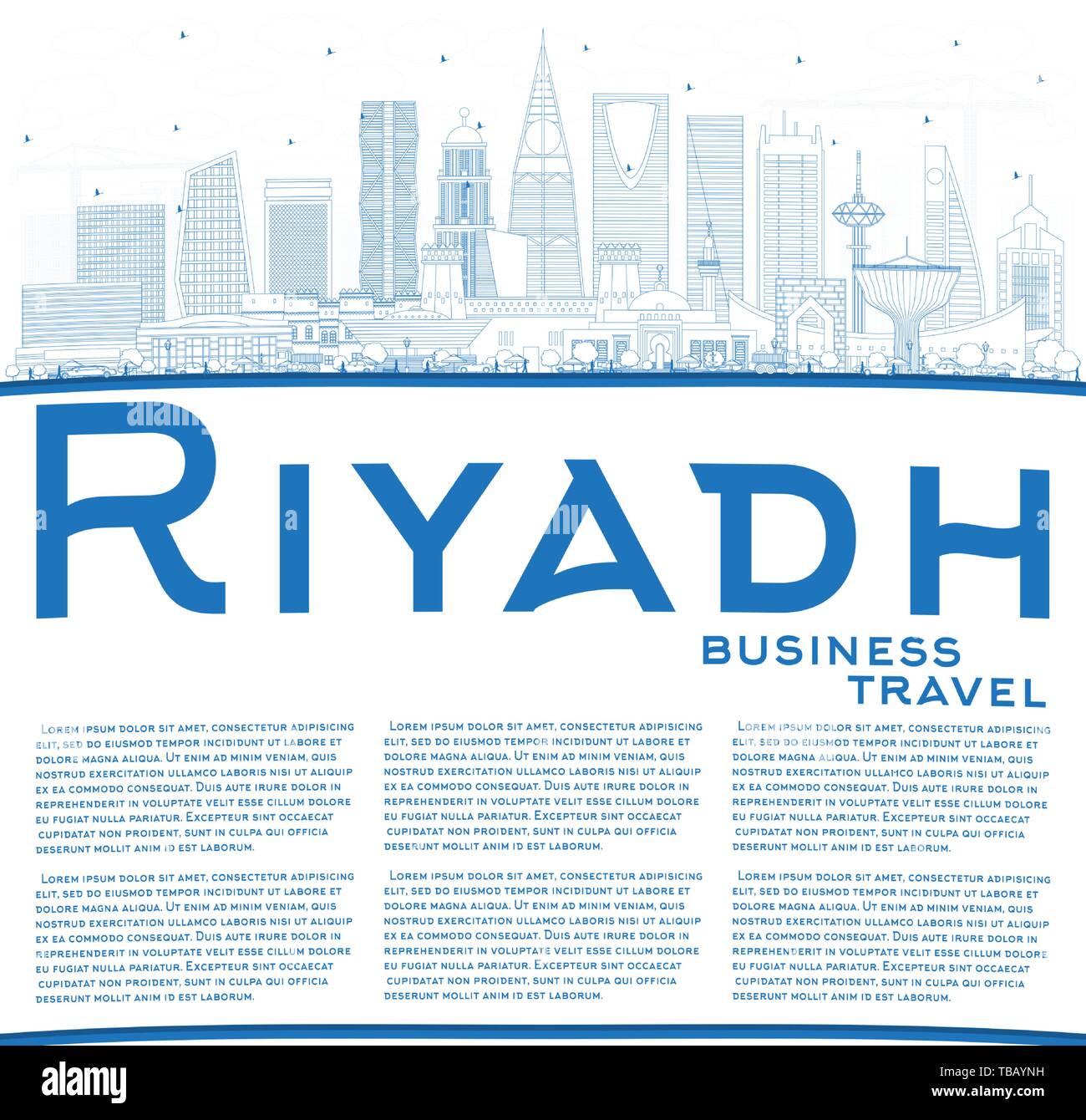 Delineare Riyadh Saudi Arabia skyline della città con edifici blu e copia di spazio. Illustrazione Vettoriale. Viaggi di lavoro e di concetto con architettura moderna Illustrazione Vettoriale