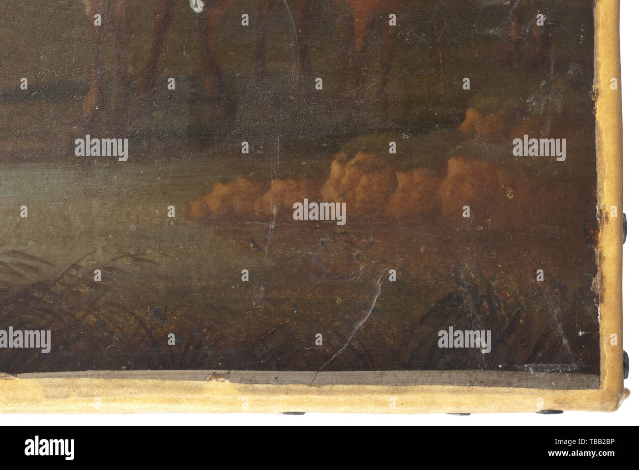 Cavalli al posto di irrigazione, Inghilterra(?), XVIII secolo Olio su cartone su tela. Un ampio paesaggio, in primo piano un piatto foro di irrigazione con quattro cavalli. Un imbrigliati colline punteggiano grigio è in avvicinamento da sinistra con una sella in stile barocco e custodie. Indistintamente firmato in basso a destra. Senza cornice. Dimensioni 29 x 42,5 cm. storica, storica, belle arti, arte, Additional-Rights-Clearance-Info-Not-Available Foto Stock