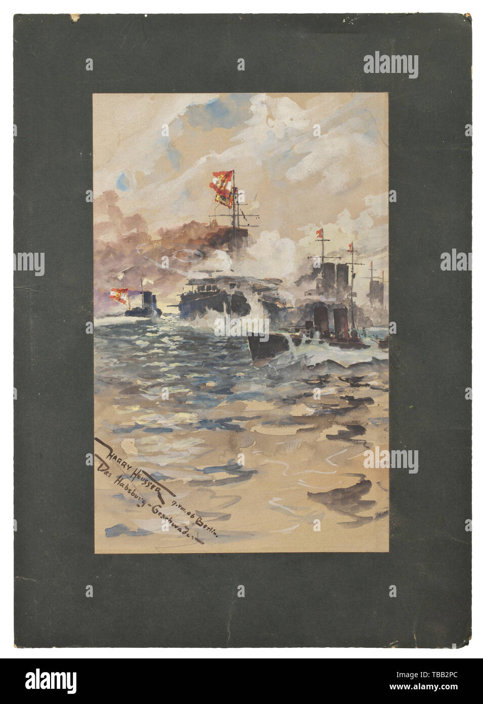 Harry Heusser (1886 - 1943) - "l'asburgica Flotta' acquerello su carta montata su cartone (bordi strappati), firmato in basso a sinistra 'Harry Heusser 17. VIII. 06 Berlino'. Vecchia iscrizione "l'asburgica è il più grande Austrian battlecruiser' e Heusser italiane dell'indirizzo. I segni dell'età. Dimensioni della pittura di circa 18 x 28 cm, dimensioni di cartone circa 28 x 38,5 cm. Harry Heusser era un professionista navy pittore e studiato la flotta austriaca in grande dettaglio. Molti dei suoi dipinti sono alloggiati a Vienna e il Museo dell'esercito. storica, storica imperiale, Austri, Additional-Rights-Clearance-Info-Not-Available Foto Stock