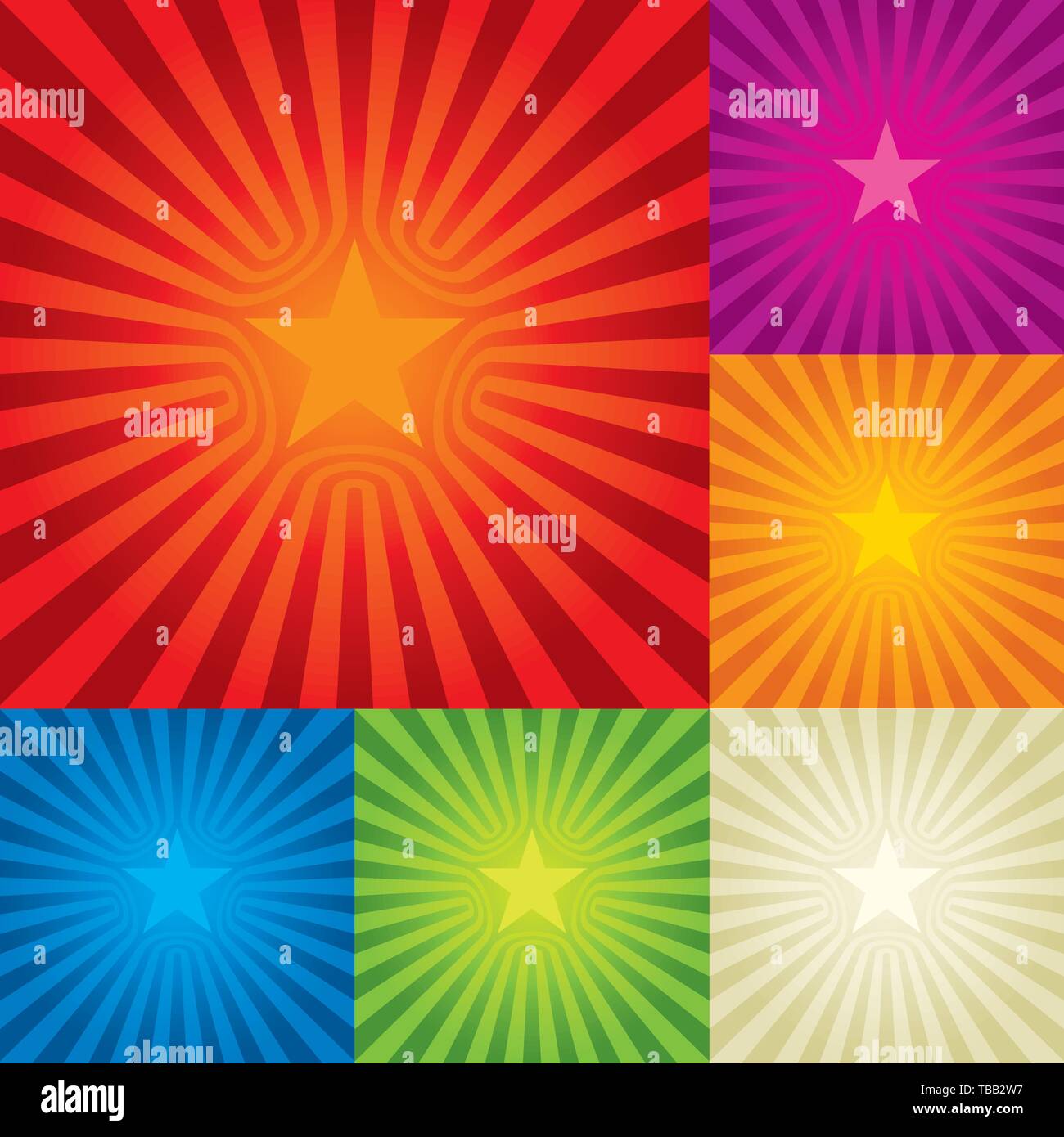 Illustrazione Vettoriale. Stella sullo sfondo di burst in sei colori. Composizione centrale. Illustrazione Vettoriale