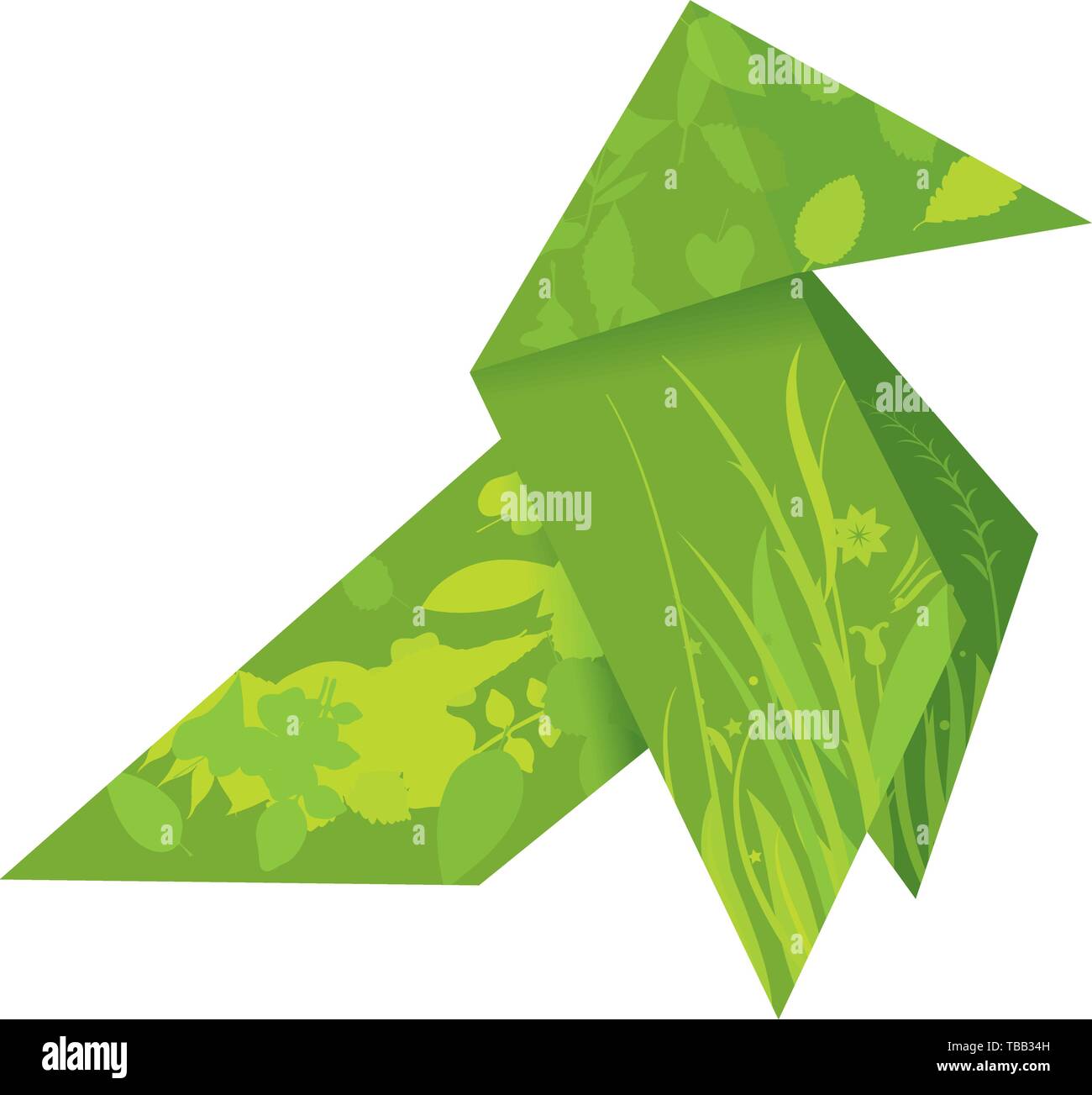 Illustrazione Vettoriale. Carta Origami uccello con foglie naturali texture. Illustrazione Vettoriale