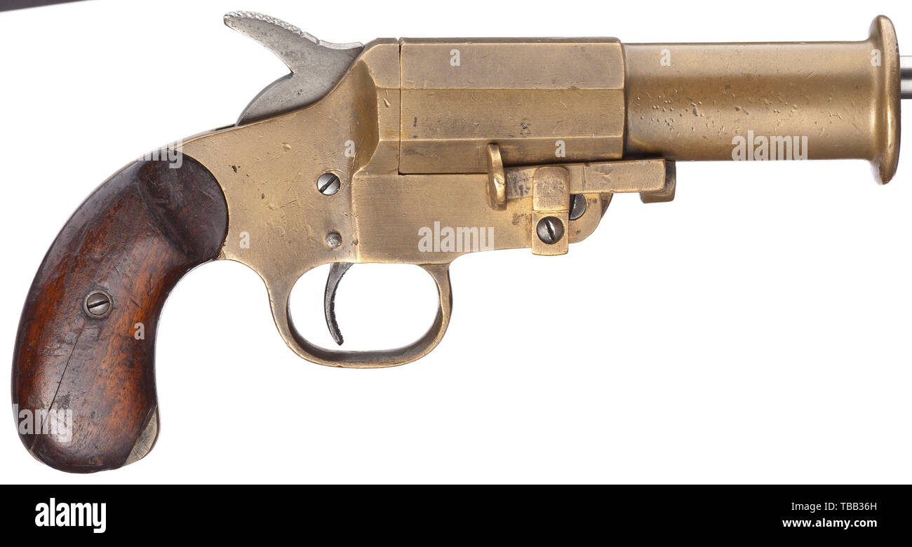 Un singolo segnale di botte flare pistol Cal. 4, n. 1760. I numeri  corrispondenti. Canna di caduta con museruola ridge e rinforzo ottagonale.  Bloccabile per mezzo di una molla montata, rough-ottone nervata