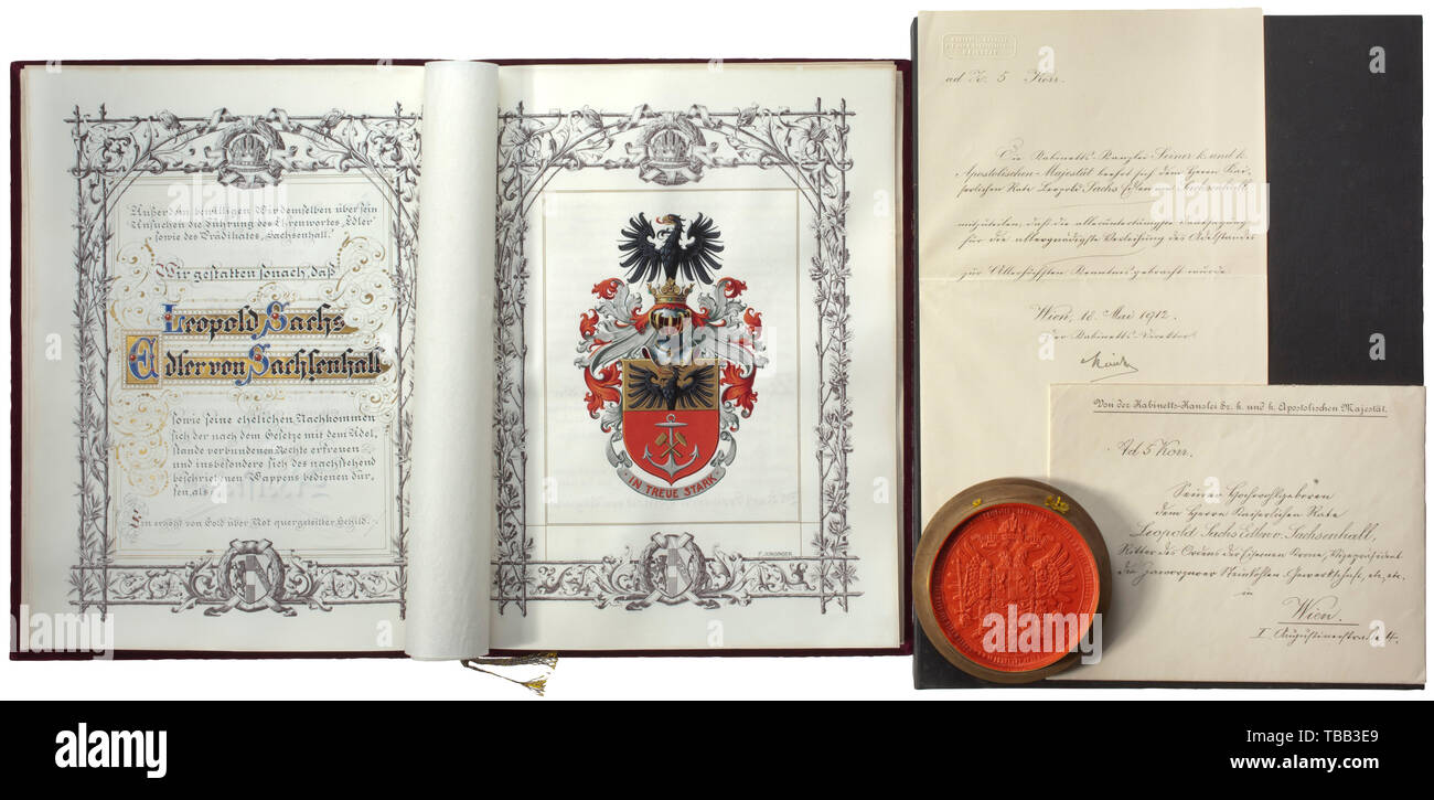 Un documento per enoblement attraverso il premio dell'Ordine della Corona di  Ferro a Leopold Sachs Edlen von Sachsenhall cartella rivestita di velluto  cremisi e decorate con una corona d'oro austriaco-stampigliato  double-headed eagle
