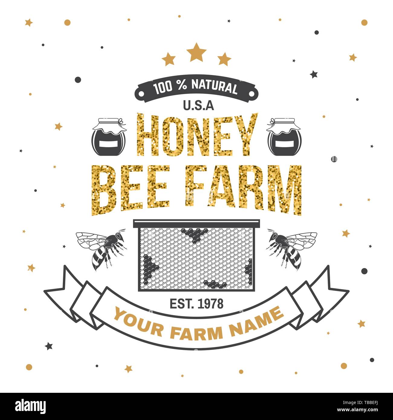 Honey Farm badge. Illustrazione Vettoriale. Concetto di t-shirt, stampare il timbro o il raccordo a t. Vintage design tipografia con bee, honeycomb pezzo silhouette. Design retrò per honey bee farm business Illustrazione Vettoriale
