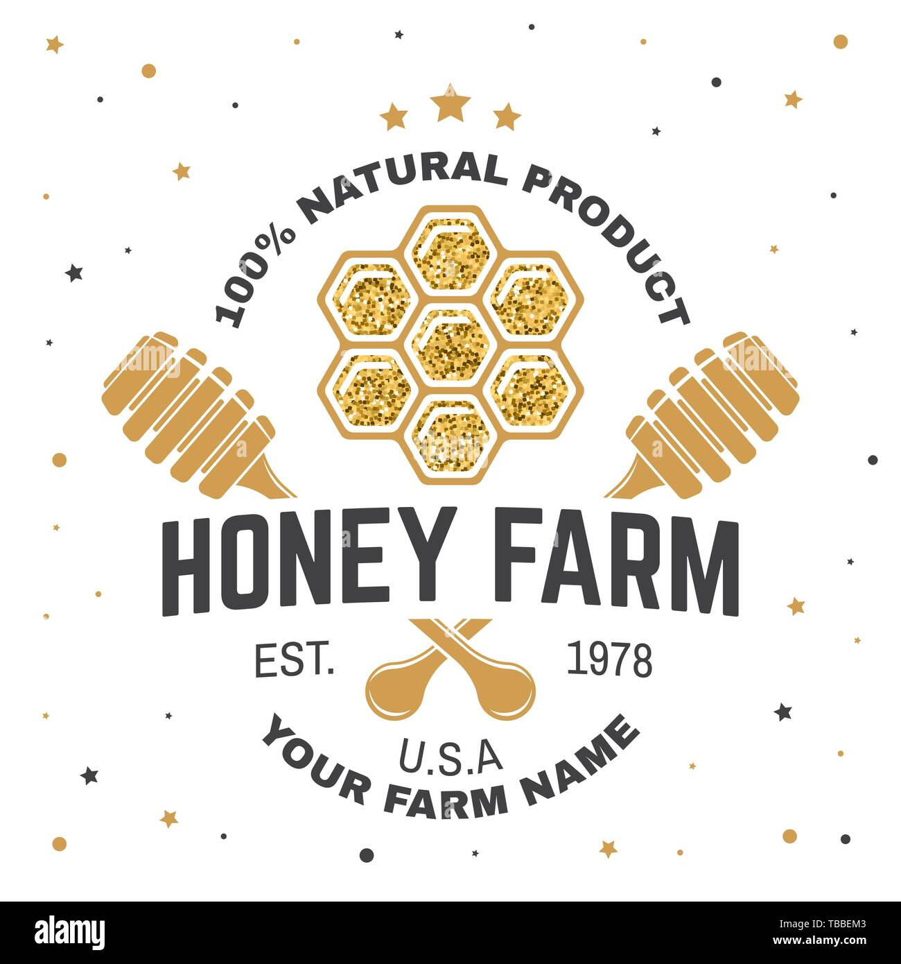 Honey Farm badge. Illustrazione Vettoriale. Concetto di t-shirt, stampare il timbro o il raccordo a t. Vintage design tipografia con pezzo a nido d'ape e miele silhouette del bilanciere. Design retrò per honey bee farm business Illustrazione Vettoriale
