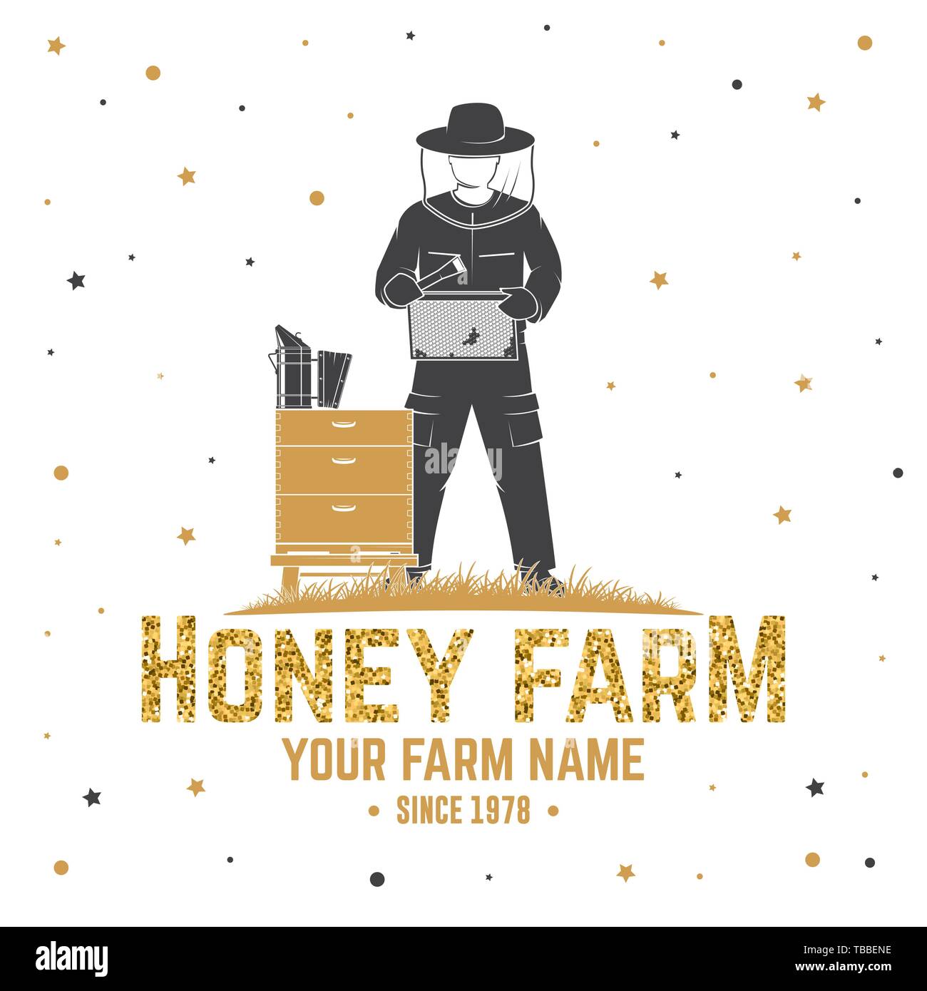 Honey Bee farm badge. Illustrazione Vettoriale. Concetto di t-shirt, stampare il timbro o il raccordo a t. Vintage design tipografia con alveare e apicoltore silhouette. Design retrò per honey bee farm business Illustrazione Vettoriale