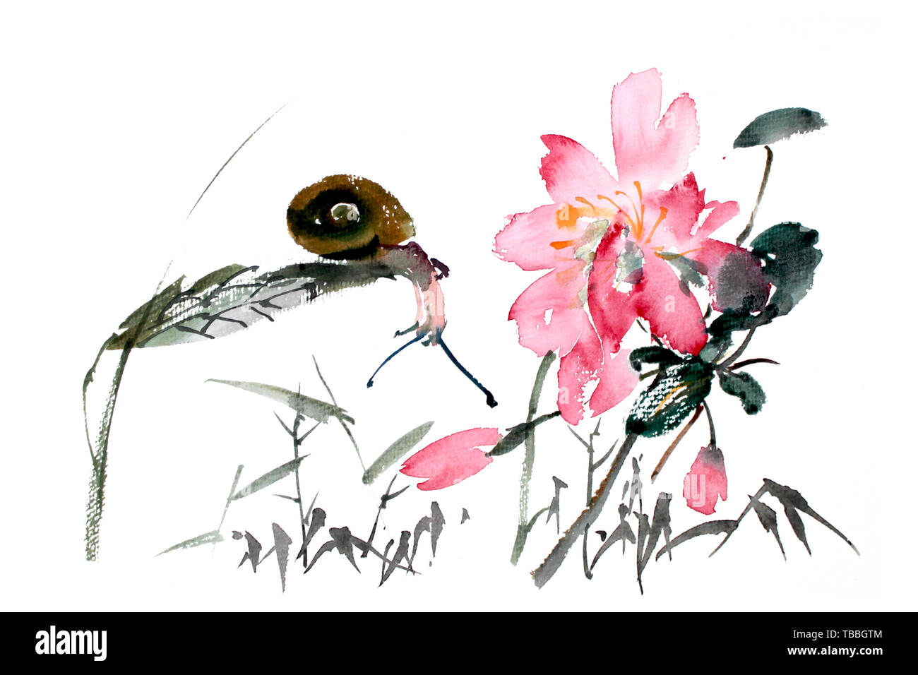 Lumaca sfondo fiori calma colore confortevoli illustrazione cinese pittura acquerello disegnata a mano Foto Stock