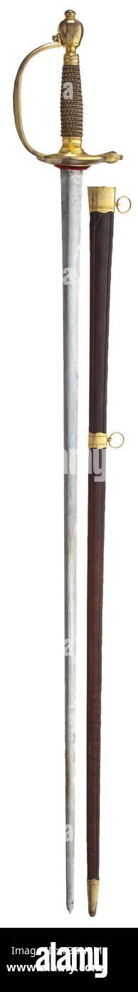 Un modello di spada 1796 per gli ufficiali di fanteria di spinta della lama di diamante appiattita sezione con fire-ottone dorato il fuso a snodo-bow elsa e dorate (sbiadito) avvolgimento in filo di rame. Shrunken Fodero in cuoio con ottone dorato i raccordi. Lunghezza 102 cm. storica, storica, Additional-Rights-Clearance-Info-Not-Available Foto Stock