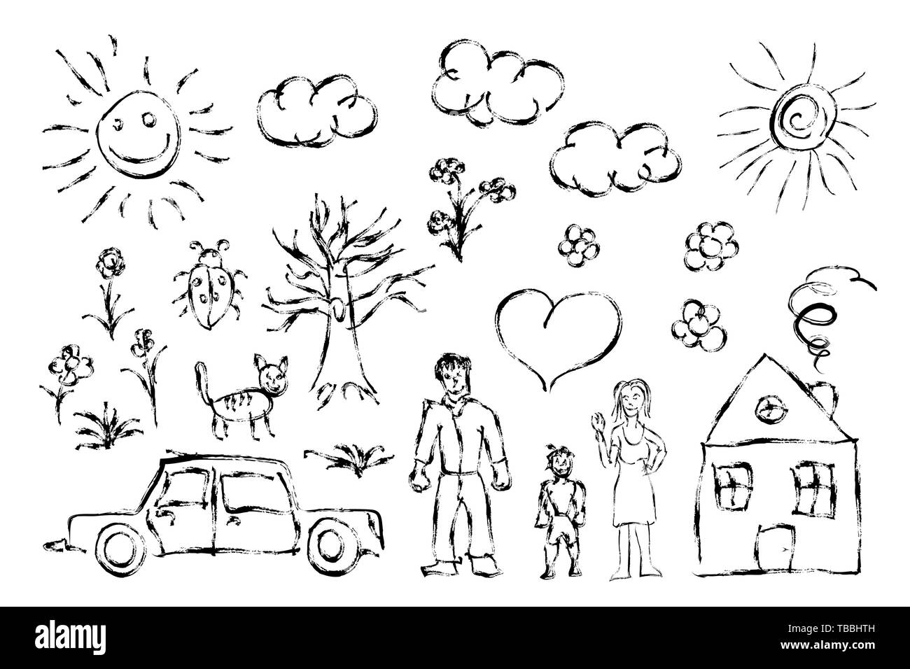 Carino per bambini disegnati a mano oggetti come famiglia, fiori, house, erba, alberi, sun e cat isolato su bianco Illustrazione Vettoriale