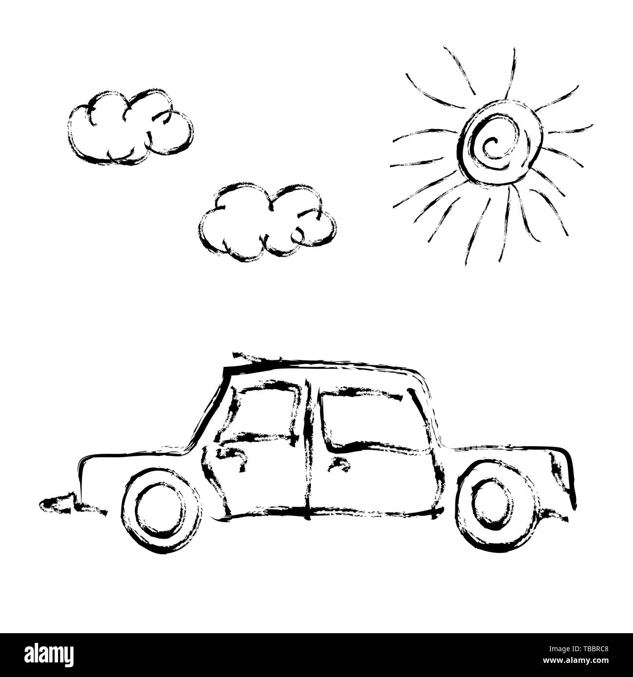 Carino per bambini disegnati a mano auto con sole e nuvole isolato su bianco Illustrazione Vettoriale