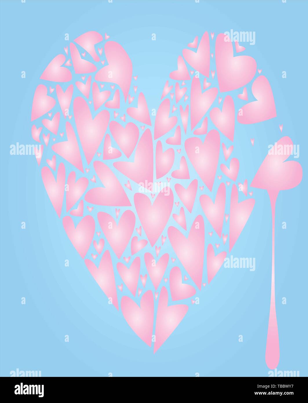 Un grande cuore rosa composto da numerosi piccoli cuori contro un fondo azzurro con una lacrima di sangue. Illustrazione Vettoriale