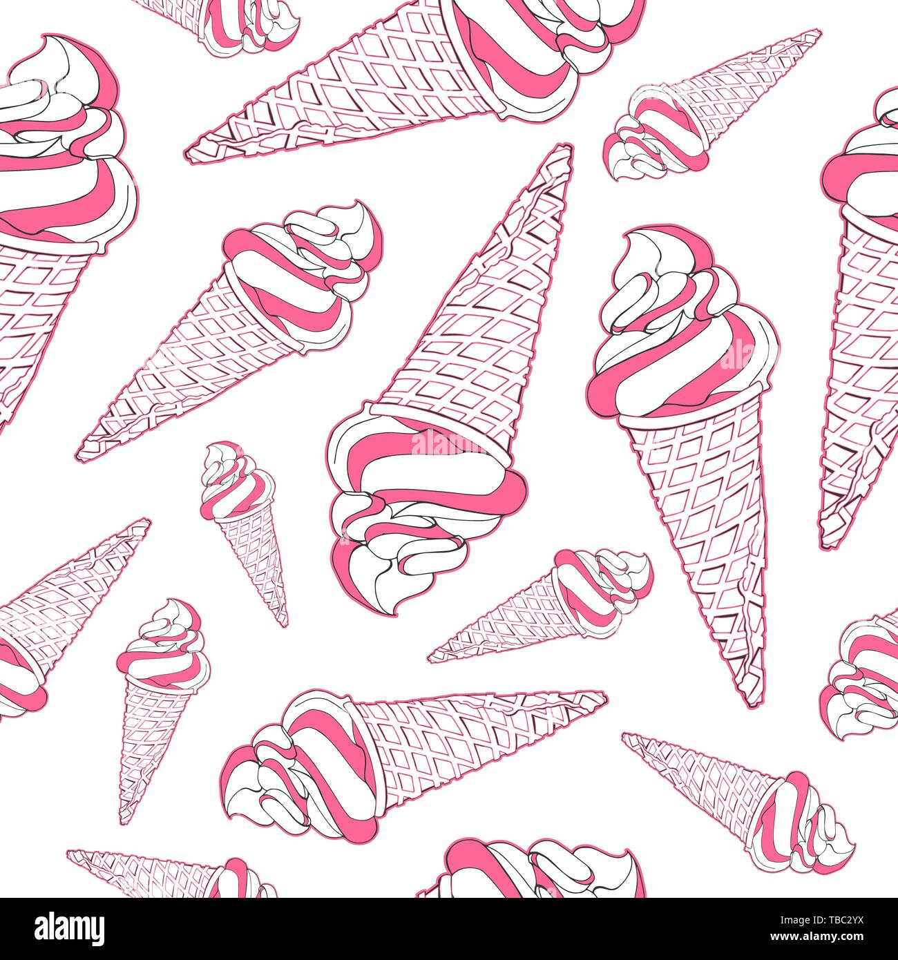 Vector seamless pattern. Infinite texture in rosa e bianco con gelati in cialda coni.Sfondo con gelati isolato su un bianco Illustrazione Vettoriale