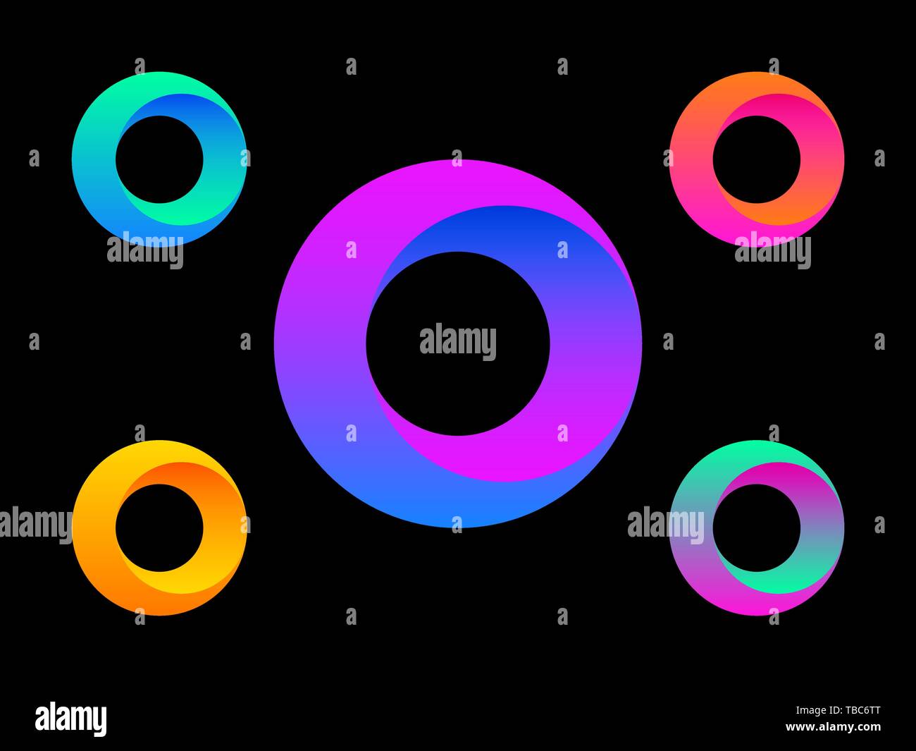 La lettera o il logo. Cerchio colorato set. Gradiente di colore logo su sfondo nero. Il design moderno modello. Geometrica forma in grassetto. Grafica universale per w Illustrazione Vettoriale