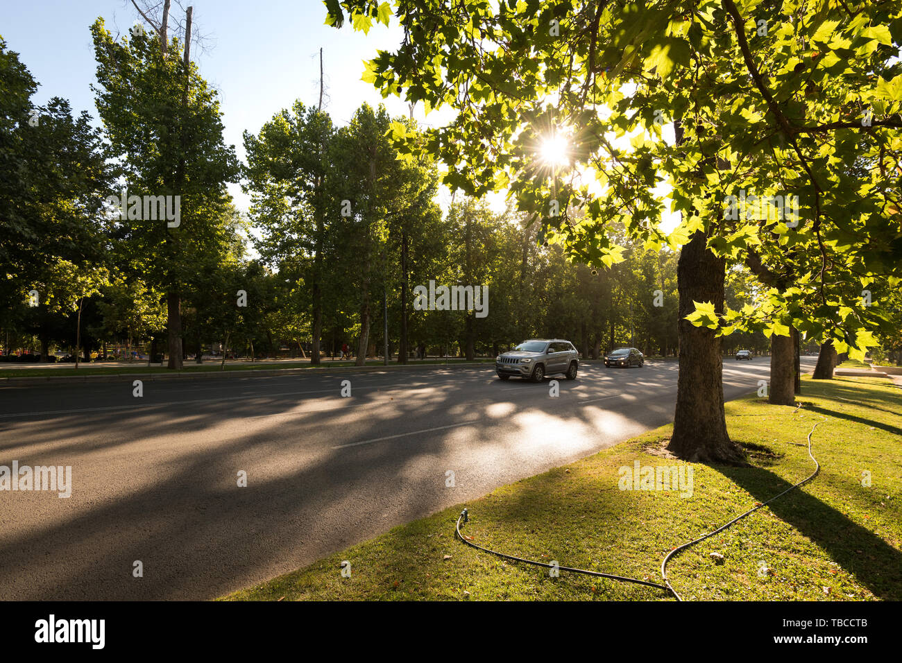 Santiago, Regione Metropolitana, Cile - il traffico nel Parco Forestal presso il centro cittadino con una impostazione sun. Foto Stock