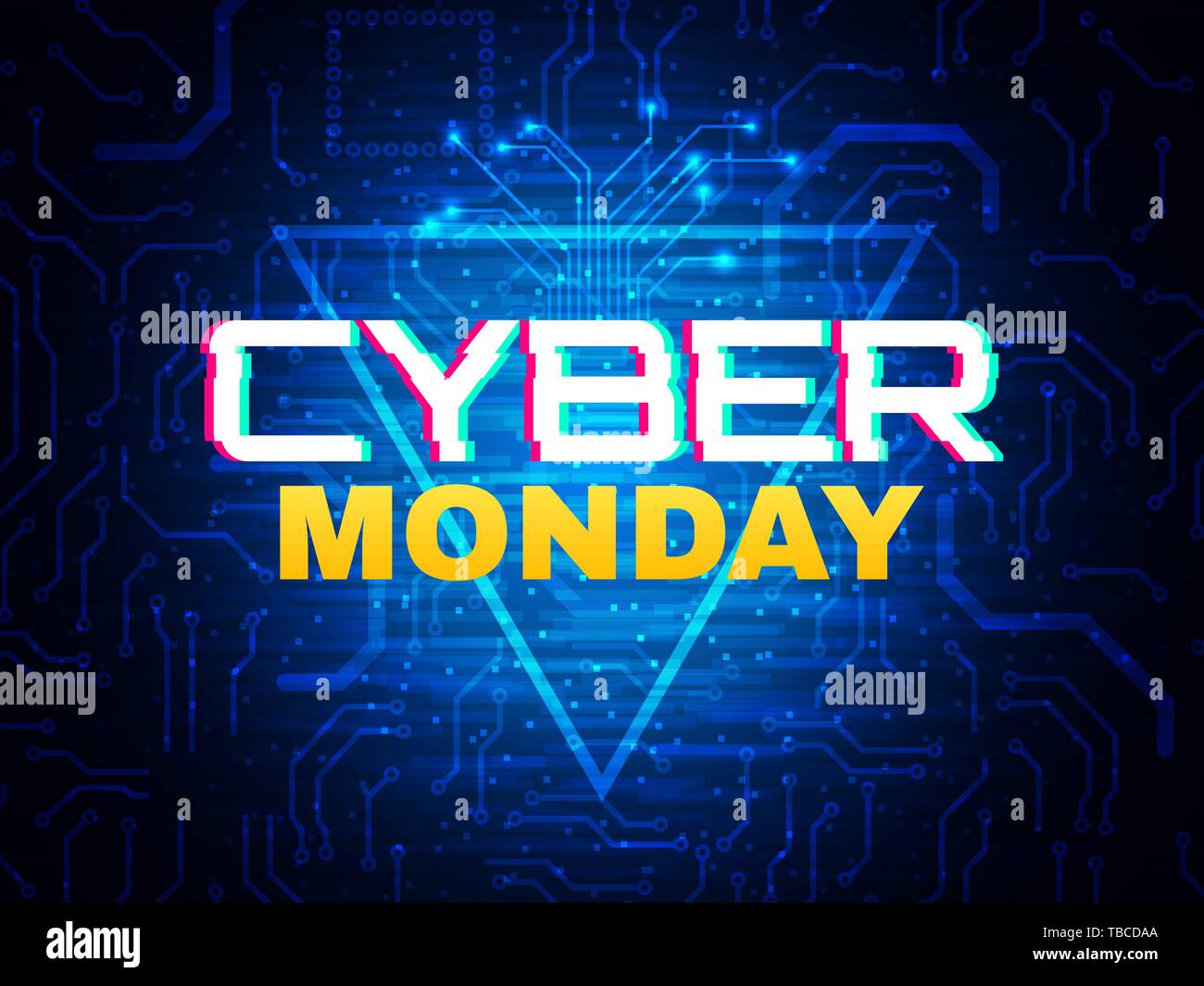 Cyber lunedì concetto. Banner pubblicitario. La vendita on line di design. Stile futuristico poster. Cyber lunedì segno su sfondo blu. Scheda a circuito stampato con brig Illustrazione Vettoriale