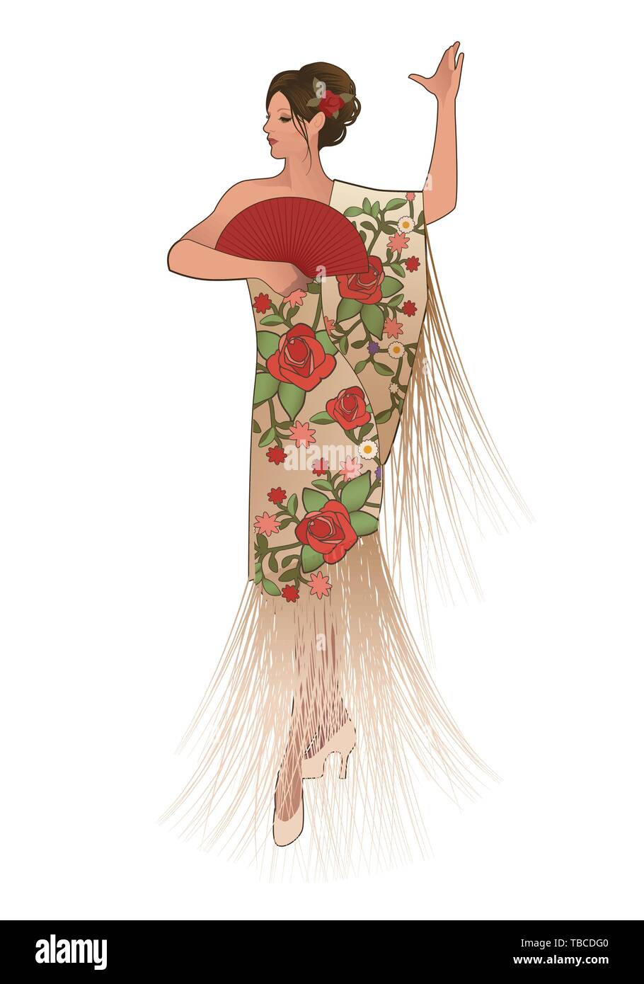 Lo spagnolo donna vestita di frange scialle, indossando la ventola e il  fiore nei suoi capelli, ballo flamenco Immagine e Vettoriale - Alamy