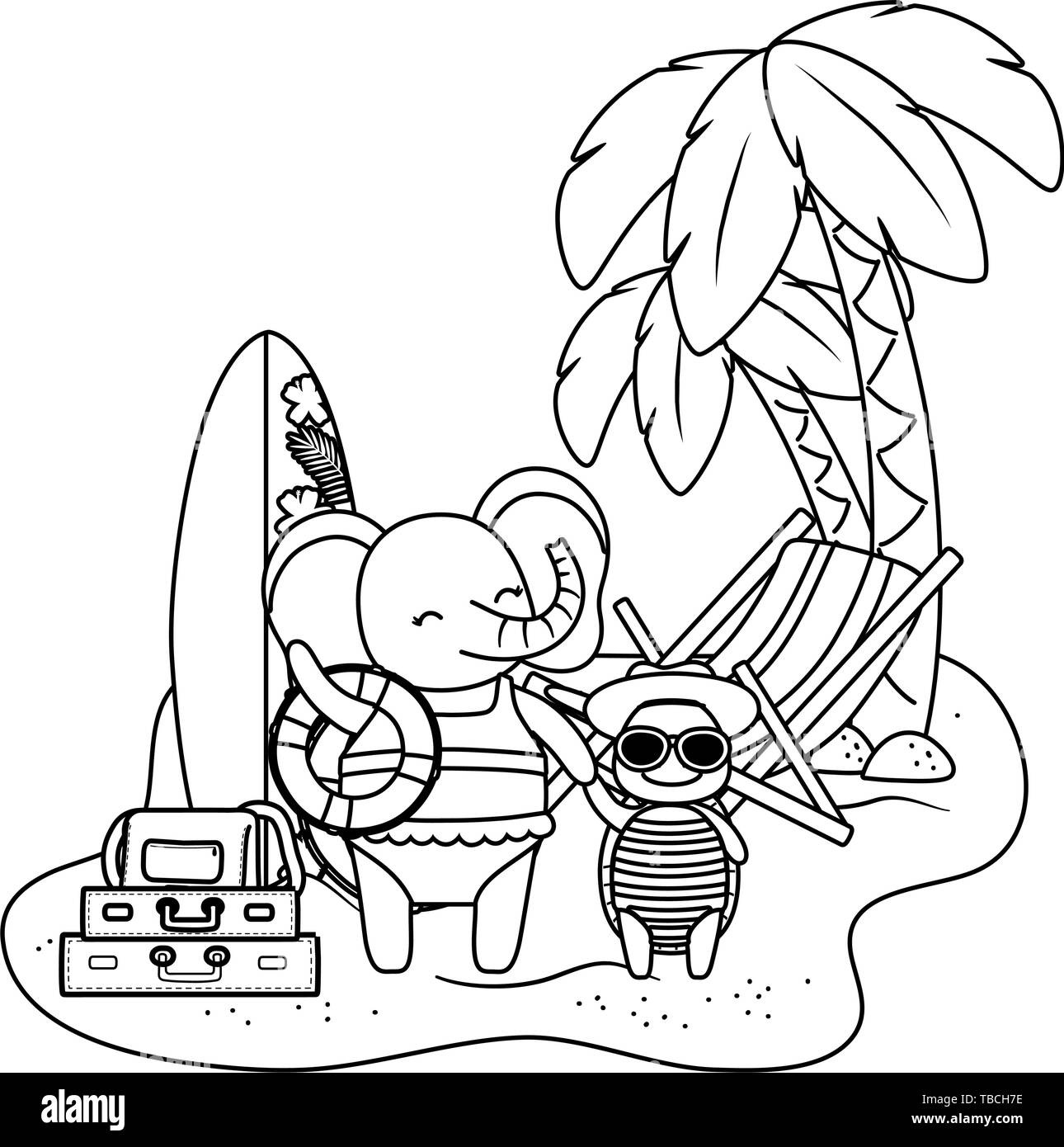 Simpatici animali elefante amici con baby turtle godendo estate vacanze cartoon illustrazione vettoriale graphic design Illustrazione Vettoriale
