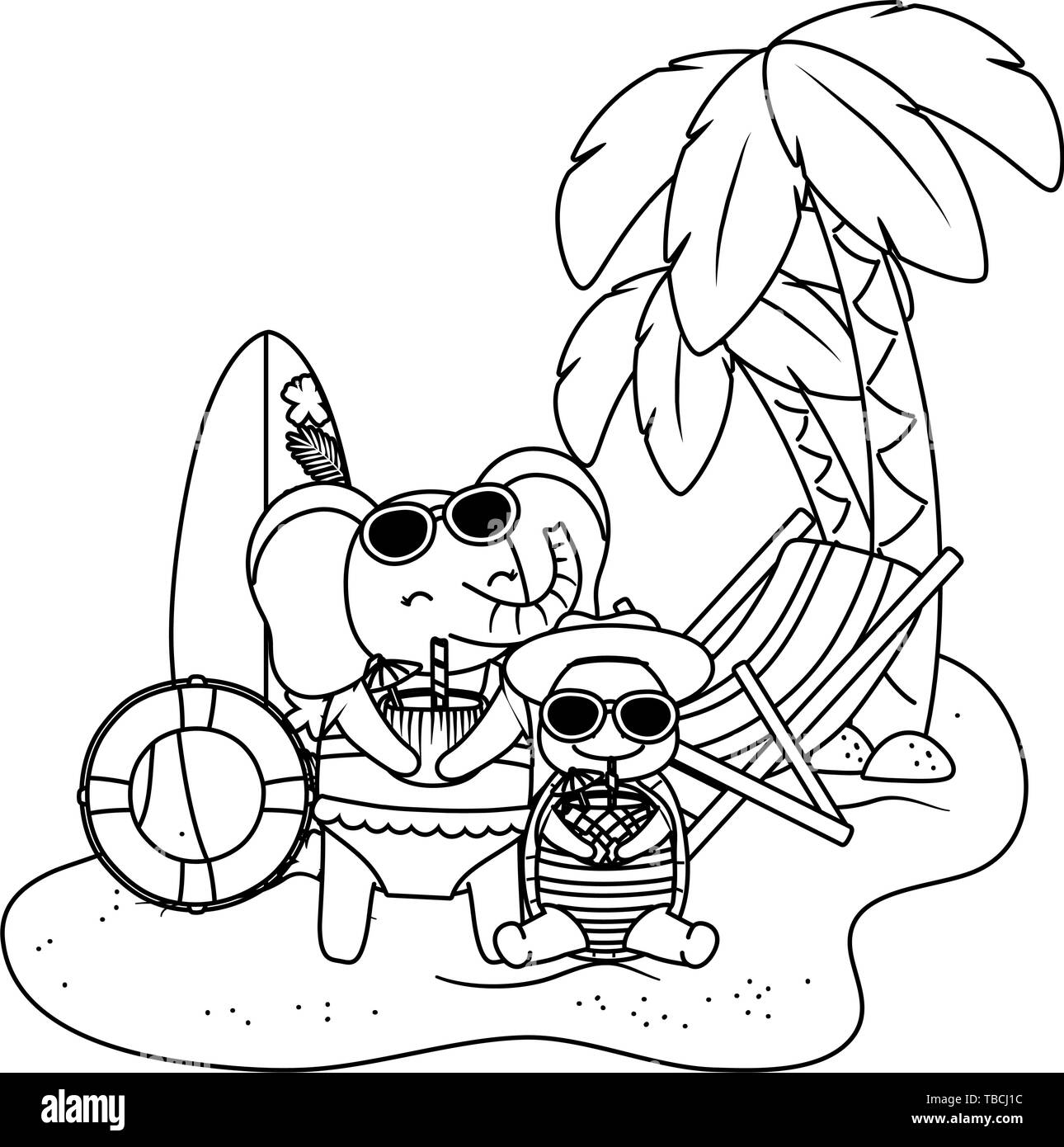 Simpatici animali elefante amici con baby turtle godendo estate vacanze cartoon illustrazione vettoriale graphic design Illustrazione Vettoriale