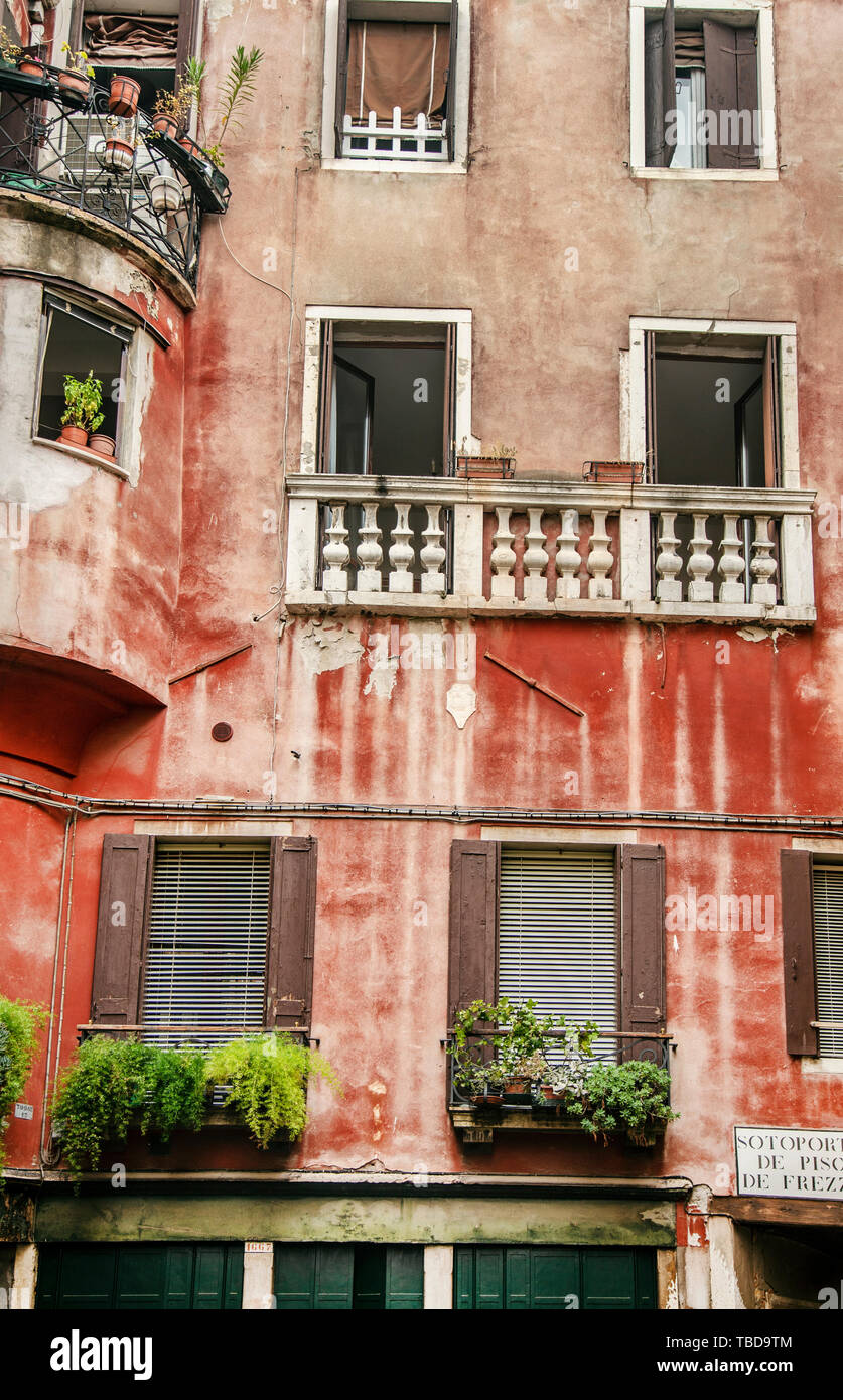 Frammento di un veneziano teracota colorata casa con Windows autentico e fiori in vaso su di essi Foto Stock