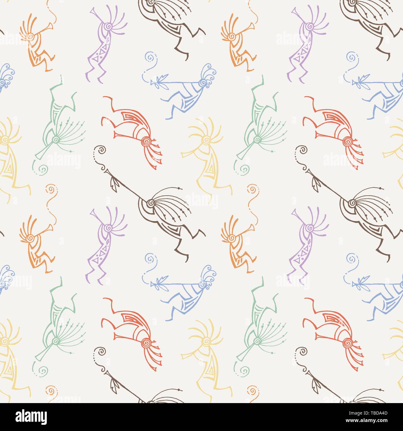 Disegnata a mano Kokopelli seamless pattern. Stilizzata personaggi mitici suonando i flauti. Arte vettoriale per la stampa. design, carte, i bambini e i libri da colorare, Illustrazione Vettoriale