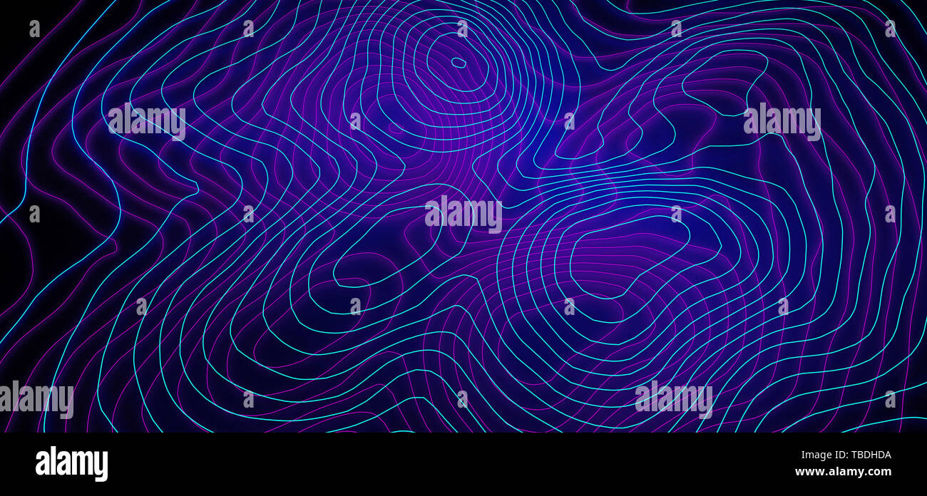 Illustrazione di un paesaggio collinare costituito da blu e viola curva delle linee di contorno. Foto Stock