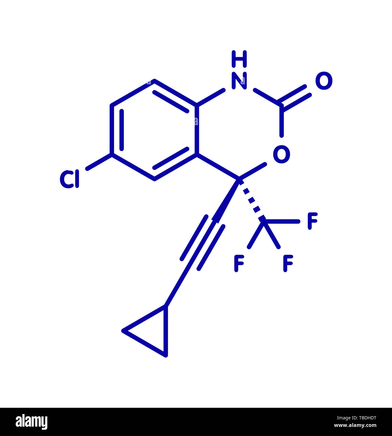 Efavirenz HIV molecola di farmaco. Blu formula scheletrico su sfondo bianco. Foto Stock