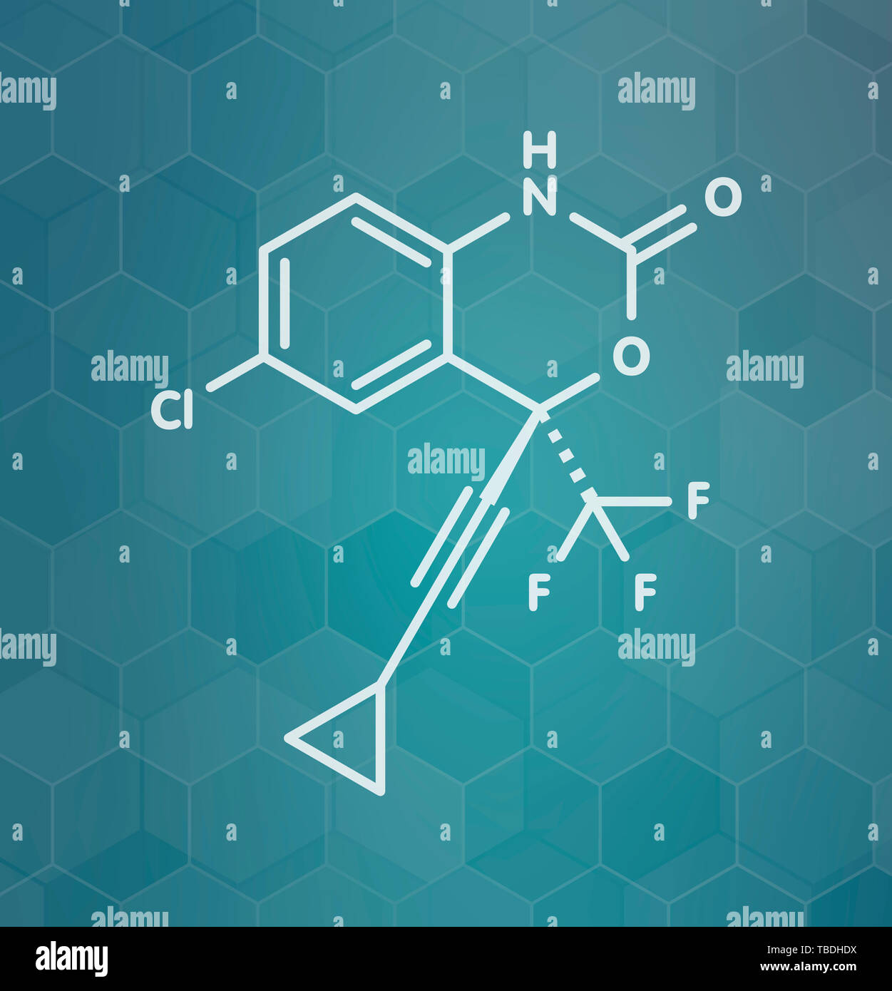 Efavirenz HIV molecola di farmaco. Bianco formula scheletrico sul verde acqua scuro gradiente dello sfondo con configurazione esagonale. Foto Stock