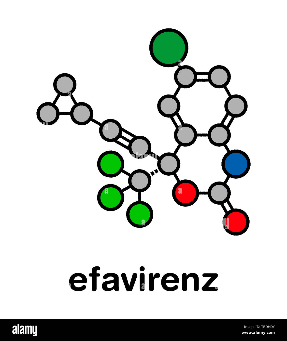 Efavirenz HIV molecola di farmaco. Stilizzata di scheletro di formula (struttura chimica). Gli atomi sono mostrati come codificati per colore cerchi con spessi contorni neri e legami idrogeno (nascosto), carbonio (grigio), Azoto (blu), Ossigeno (rosso), cloro (verdi), fluoro (verde). Foto Stock