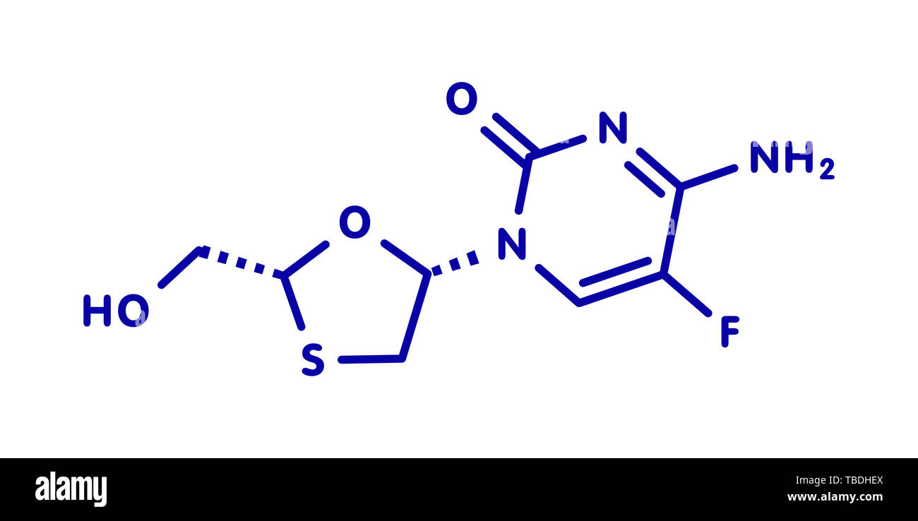 Emtricitabina trattamento HIV molecola di farmaco. Blu formula scheletrico su sfondo bianco. Foto Stock