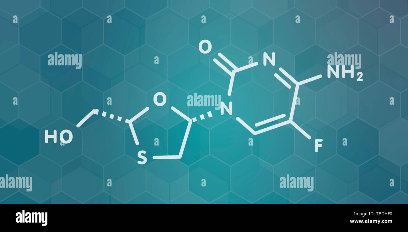 Emtricitabina trattamento HIV molecola di farmaco. Bianco formula scheletrico sul verde acqua scuro gradiente dello sfondo con configurazione esagonale. Foto Stock